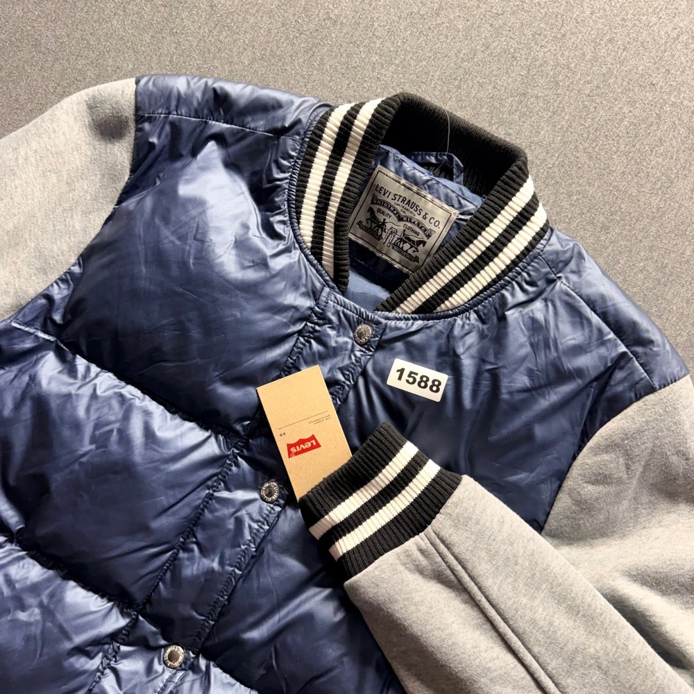 Levis Womens Varsity Puffer Jacket Navy Blue Grey Quilted Bomber Coat Large NWT